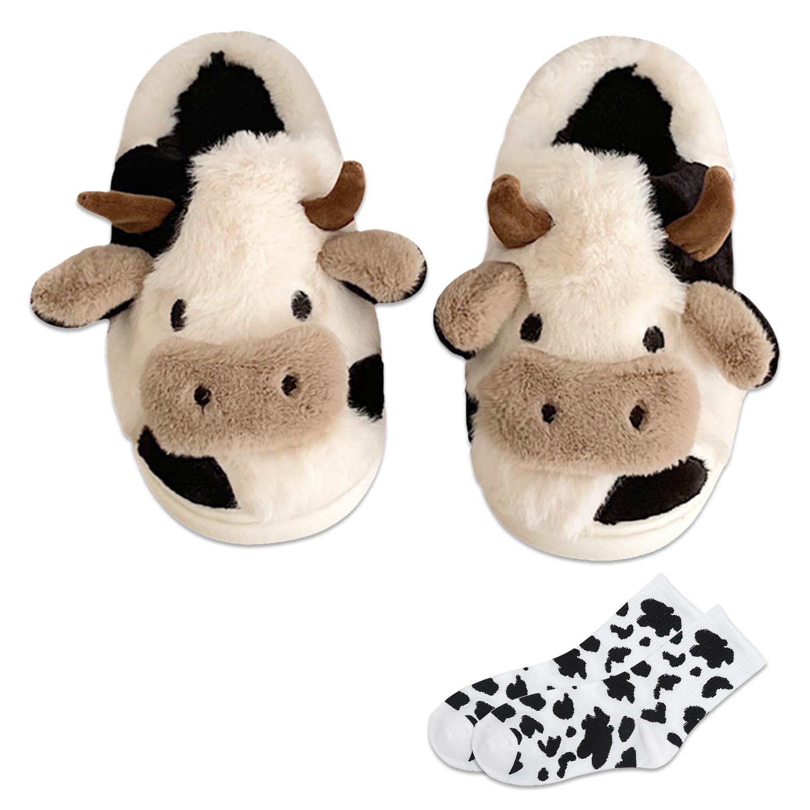JosuE Cow Slippers With Cow Socks Animal Fuzzy Slippers Non-Skid Winter Warm Cozy For Women Teen Girls Outdoor Slippers