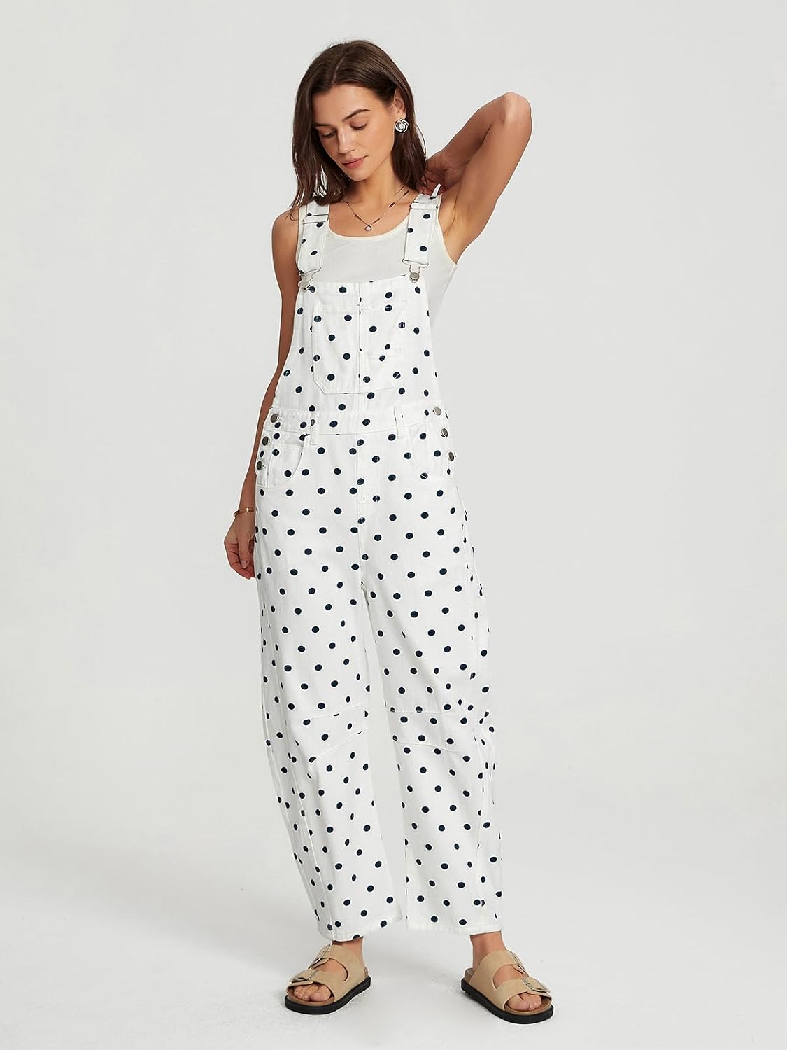 Kedera Womens Polka Dot Barrel Overalls Wide Leg Baggy Jean Overalls Loose Fit Adjustable Strap Bib Denim Overalls