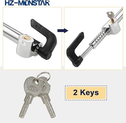 Miniatura 5 de Bloqueo universal de freno para volante, barra de bloqueo antirrobo para volante con 2 llaves, seguridad retráctil de doble gancho de acero