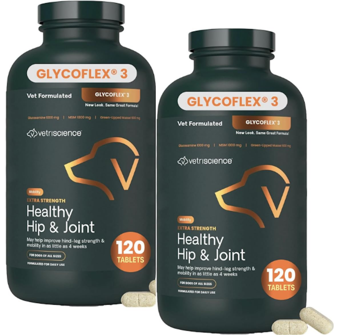 VetriScience Glycoflex 3 Clinically Proven Hip and Joint Supplement for Dogs - Maximum Strength Dog Supplement with Glucosamine, MSM, Green Lipped Mussel & DMG - 2 Pack (120 Chewable Tablets Each)​