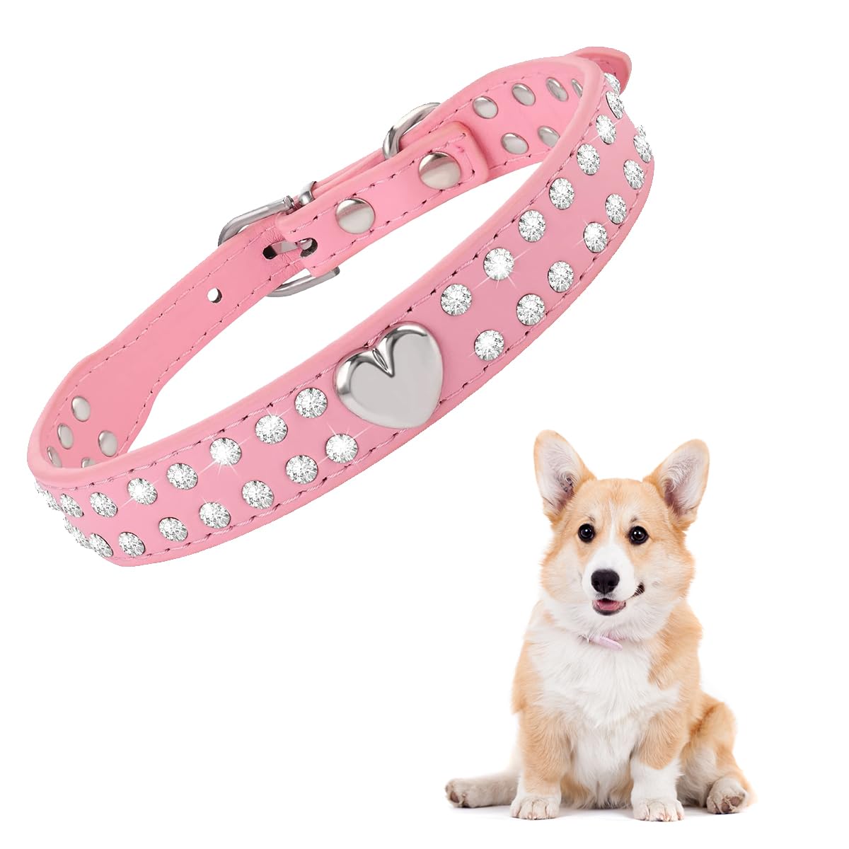 Luckious Brand Crystal Pet Collar - Bling PU Leather Rhinestone Adjustable Collar for Small and Medium Dogs and Cats (Size: S/M)