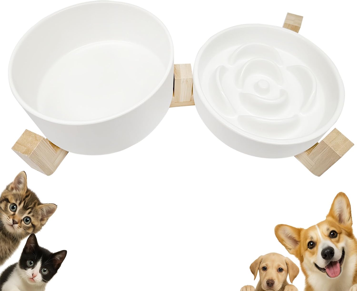 Ceramic Slow Feeder Dog Bowl Set-1 Cup Puzzle Dog Food Bowl & 850ML Water Bowl with Wooden Stand for Small and Medium Breed, Anti-Gulping,Anti-Chewing,Anti-Slip,White - Image 2