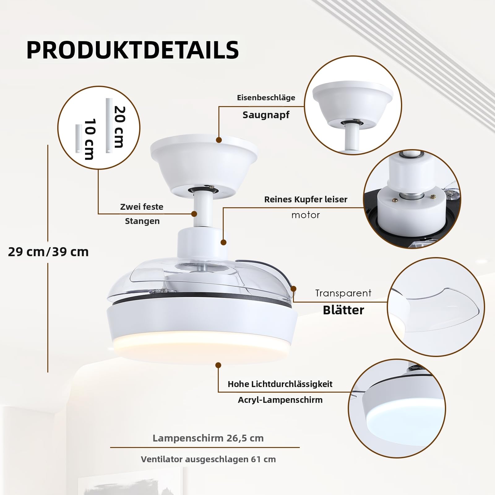 Kviflon Ventilador de Techo con Luz y Mando a Distancia 60cm, Motor DC Reversible y Silencioso, Ventilador sin Aspas con LED Regulable, para Dormitorio o Cocina, Blanco