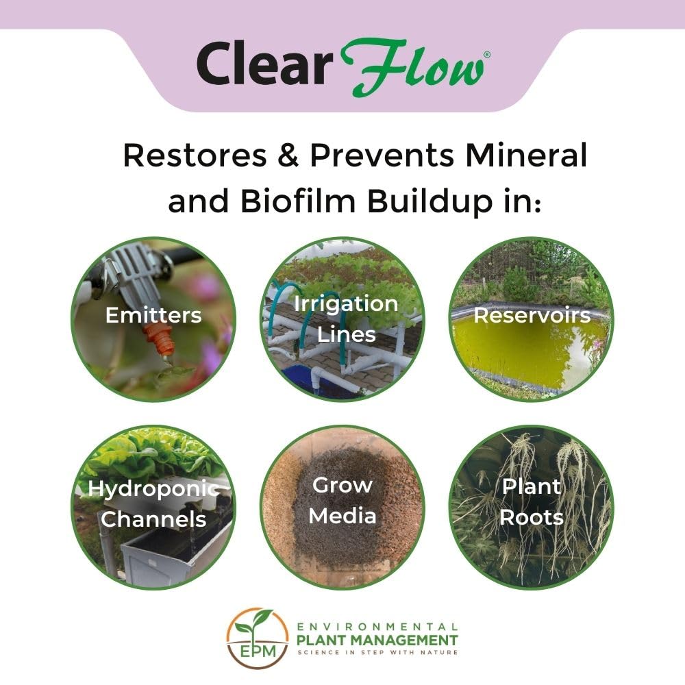 Nettoyant pour ligne d'irrigation Clear Flow – Débouche le biofilm et les dépôts minéraux | pour racines de plantes, supports de culture, idéal pour la culture hydroponique, l'aquaponie, les