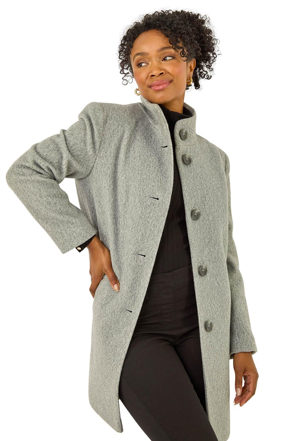 Roman Petite Brushed Funnel Neck Coat for Women UK - Ladies Everyday Autumn Winter Funnel Neckline Comfy Soft Evening Vacation Work Party Night Out - Petite Grey - Size 18