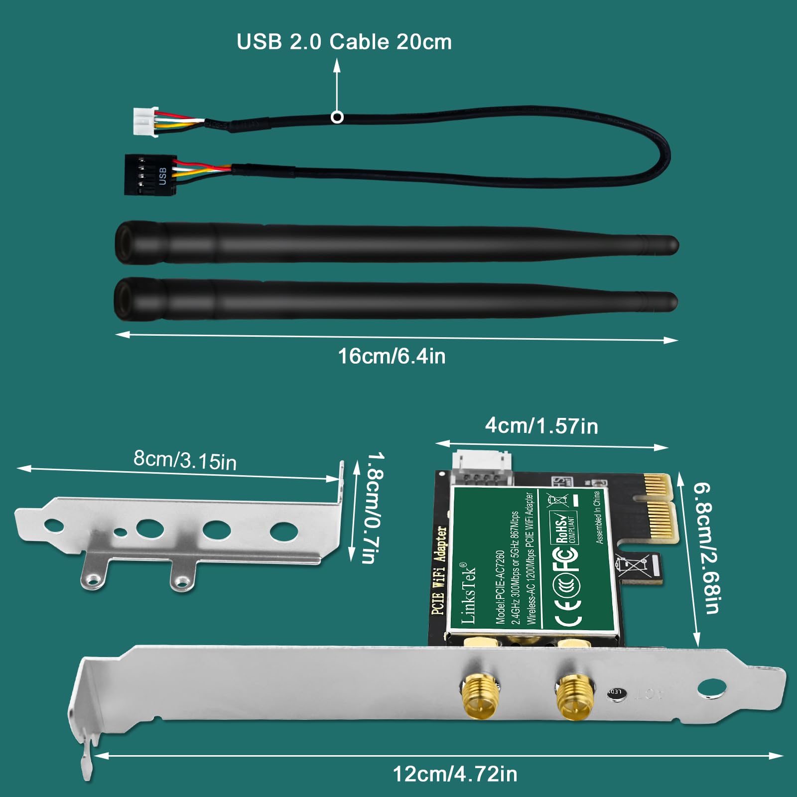 Adattatore Wireless-AC 1200Mbps (2.4GHz 300Mbps e 5GHz 867Mbps) PCI-E Wireless-AC Scheda di rete Wireless-AC per Windows 11.10, 8.x, 7 (32/64bit) PC per computer