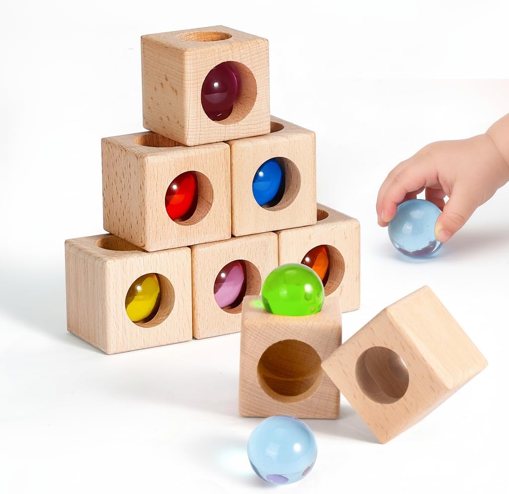 Woodtoe Rainbow Building Blocks for Toddlers, 8 PCS Acrylic Gem Ball Stacking Blocks & 8 PCS Wooden Blocks, Montessori Stacking Toy for 3 4 5 6 Year Old, Educational STEM Creative Sensory Toys for Kid