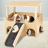 Tressify Double-Layer Guinea Pig Habitat with Cushioned Pad and Wooden Frame, Small Animal Hideaway House with Vent Holes and Climbing Ramp