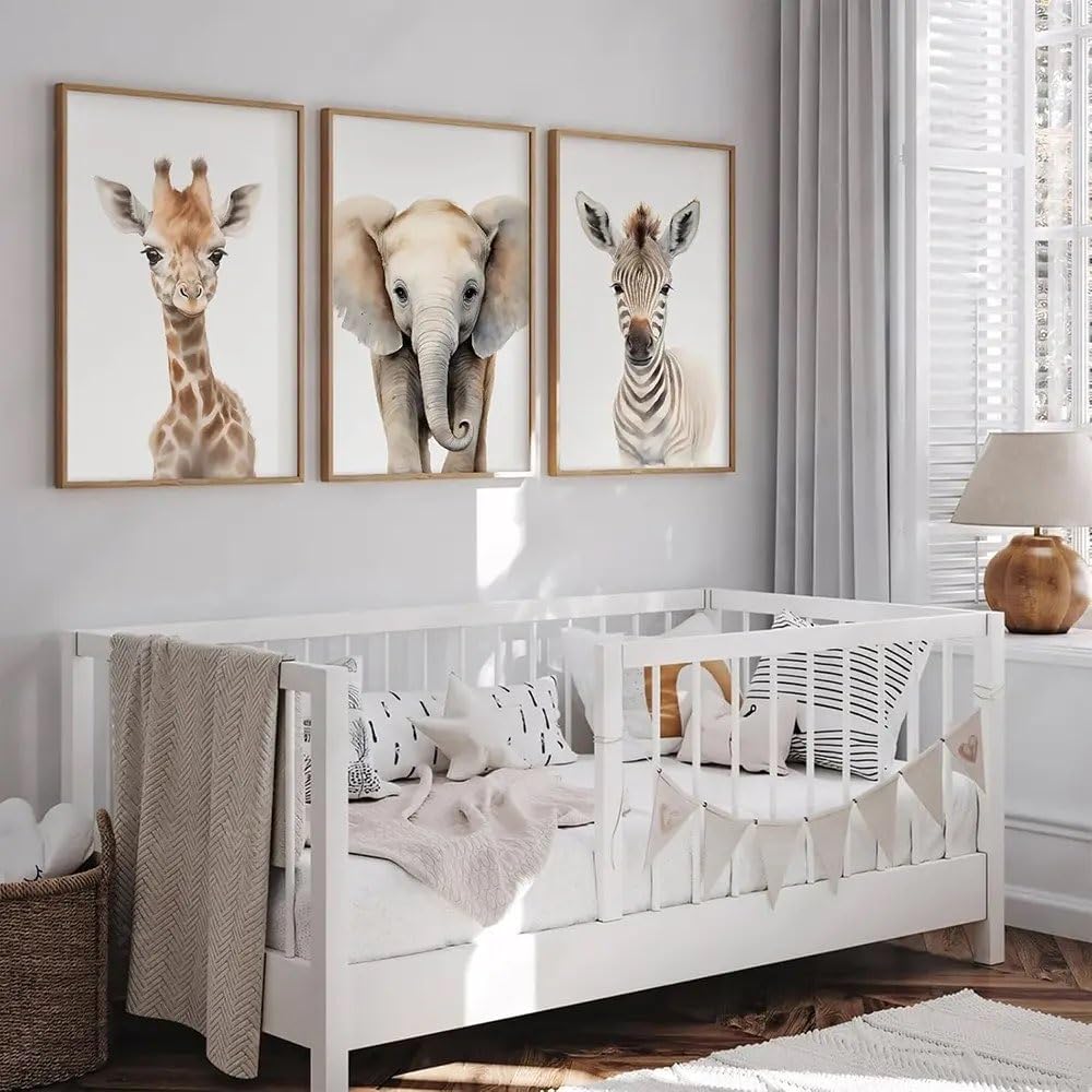 3 Affiche Savane Bebe 30x40cm Poster Animaux Chambre Enfant Éléphant Zebre Girafe Tableau Safari Enfant Beige Toile Murale Chambre Bébé Garcon Fille Cadeau sans Cadre