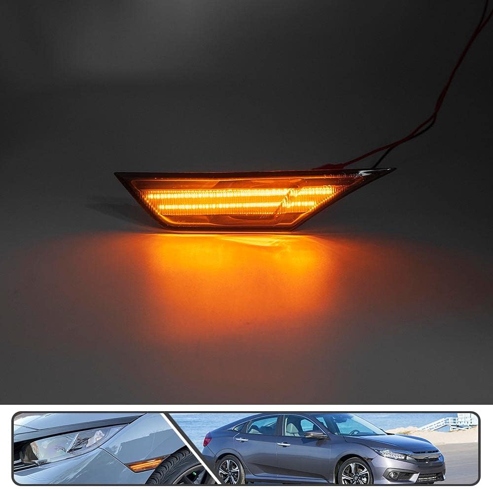 2Pcs JDM Amber Full LED Side Marker Light for Hon'da Civic Sedan/Coupe/Hatchback 2016- up Smoked Lens Turn Signal Lights Replace OEM Sidemarker Lamp