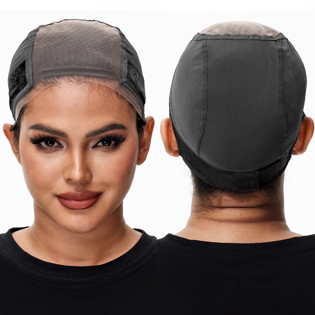 PORSMEER Lace Wig Cap with Grip Band for Keeping Wigs In Place 4x5 Inch Wider Transparent Lace for Lace Front Wig Non-slip Cap for Glueless Wig Adjustable Wig Grip Cap with Velcro Headband (Black)