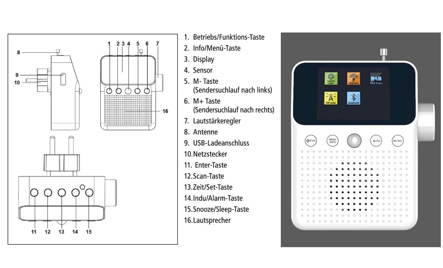 NEWTRO DAB STECKDOSENRADIO Color MIT BEWEGUNGSMELDER INKL. AKKU, portables Radio, ideales Badradio mit automatischer EIN- und Abschaltung, 4farb Display, USB-Ladebuchse, DAB+ Digitalradio, Wecker