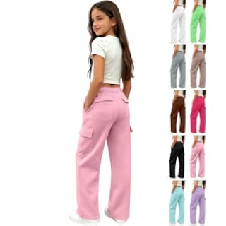 ZGTWHZY Pantalones deportivos para niñas, pantalones cargo de pierna ancha, holgados, para adolescentes, pantalones casuales con bolsillos