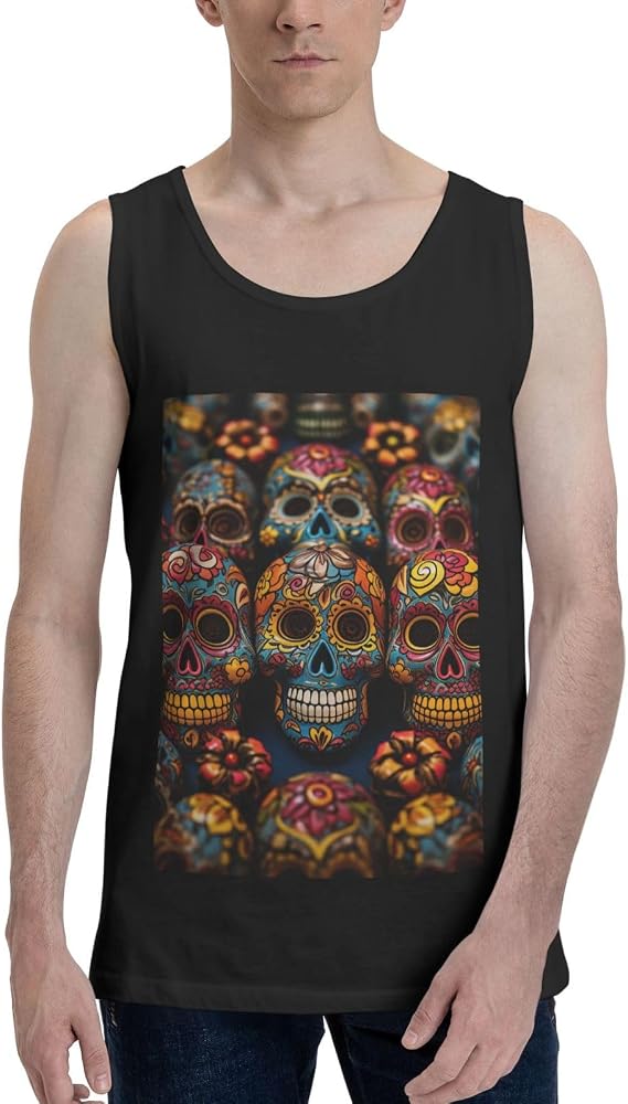 Mens Tank Tops Workout Gym Muscle Shirts Colorful Sugar Skulls Summer Sleeveless Tank Top for Men