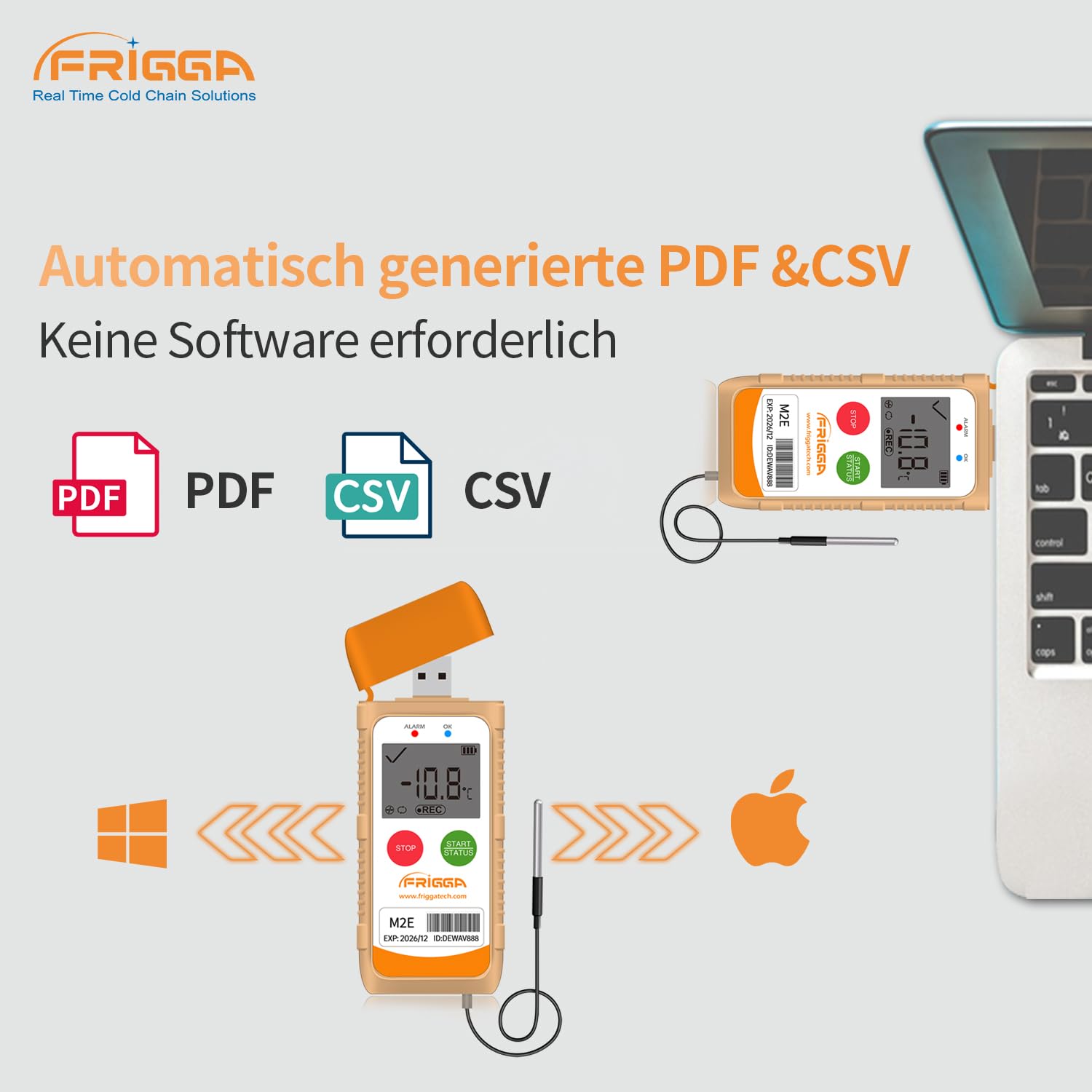 Frigga M2E Mehrzweck-Temperatur-Datenlogger mit externem Sensor USB-Digital-Temperaturschreiber 14400 Punkte hohe Genauigkeit PDF CSV Bericht