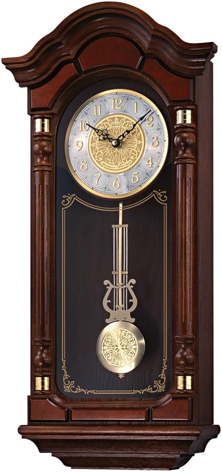 QXH004BLH Oak Wood Pendulum Wall Clock with Chimes, Dark Brown, 28 x 12.5 x 6 Inches