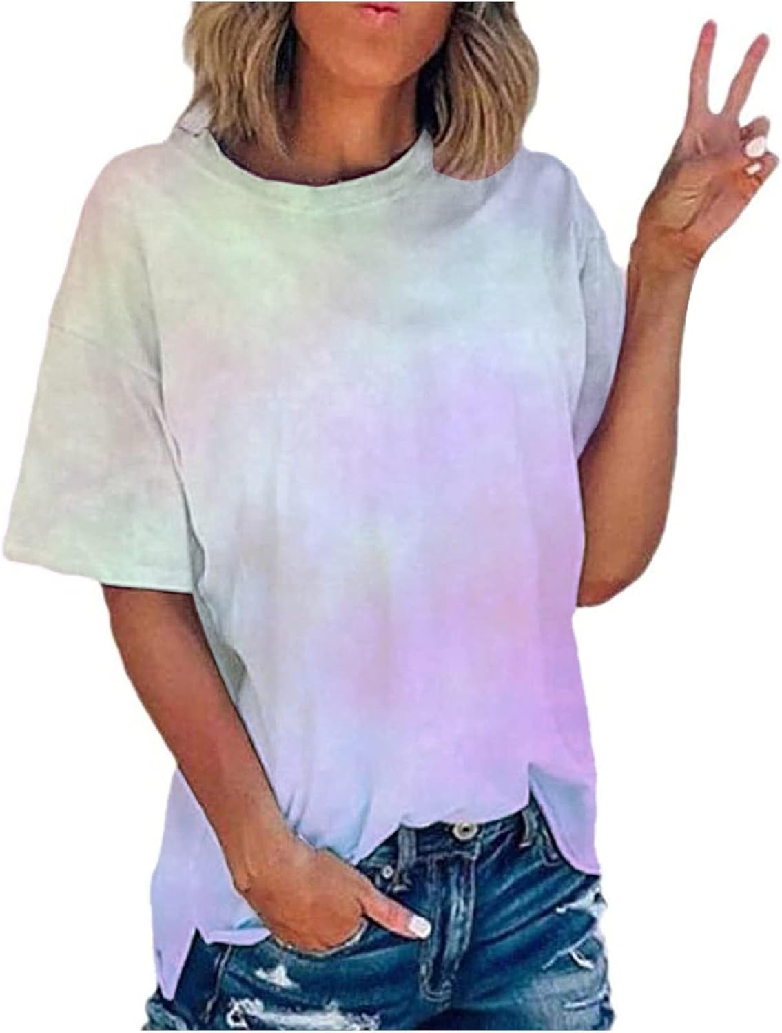Summer Blouses for Women 2025 Casual Short Sleeve Tops Loose Gradient Color Trendy Tunic Comfy Tshirts
