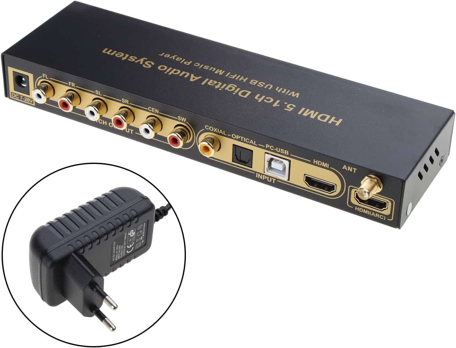lanema UD851B decoder and included accessories: remote control, optical cable, wireless antenna, and power adapter.
