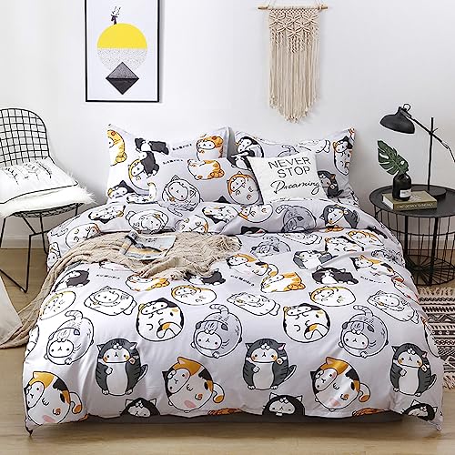 Cartoon Duvet Cover Twin Size, 3 Pieces Soft Lightweight Microfiber Duvet Cover Set, Cute Cartoon Cat Bedding Comforter Cover Set With Zipper Ties, 1 Duvet Cover And 2 Pillowcases, No Comforter #TOP19