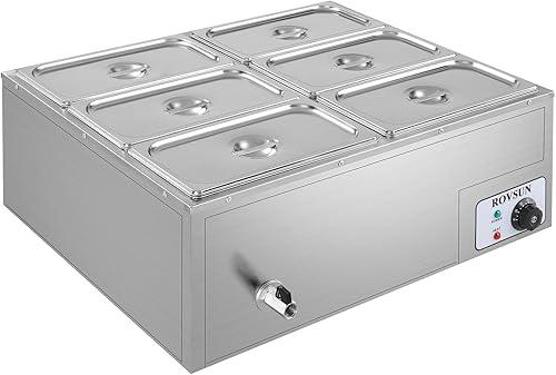 Miniatura 8 de ROVSUN Calentador eléctrico de alimentos comerciales de 42.3 cuartos de galón, 6 bandejas, 110 V de acero inoxidable Bain Marie, mesa de vapor de
