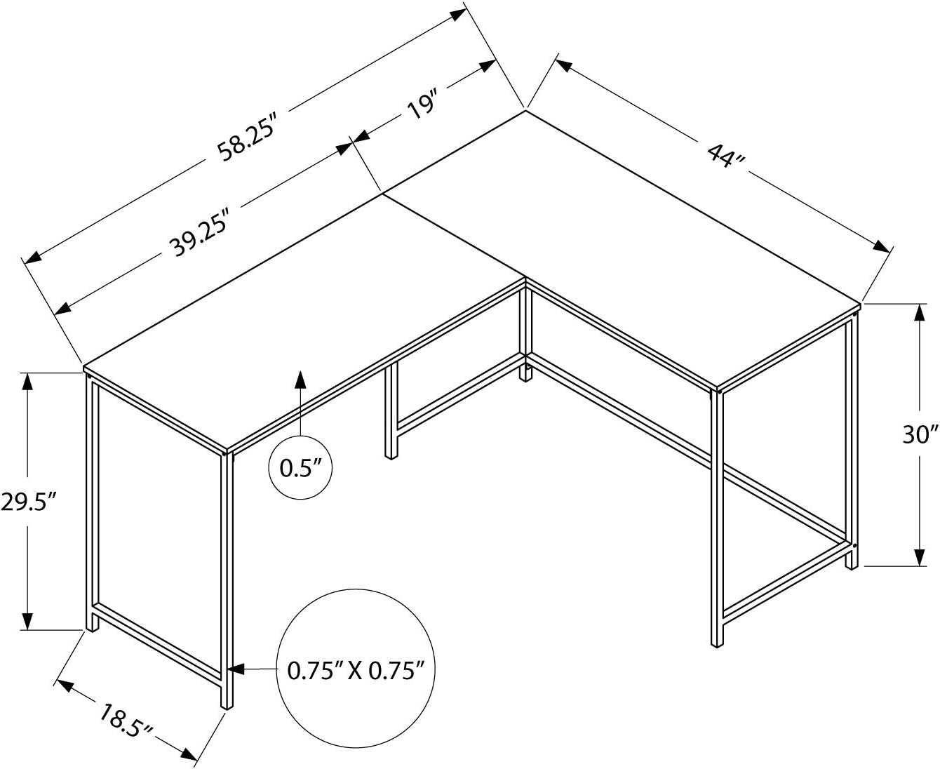 Monarch Specialties I 7393 Computer Desk, Home Office, Corner, 58" L, L Shape, Work, Laptop, Metal, Laminate, White Marble Look, Black, Contemporary, Modern