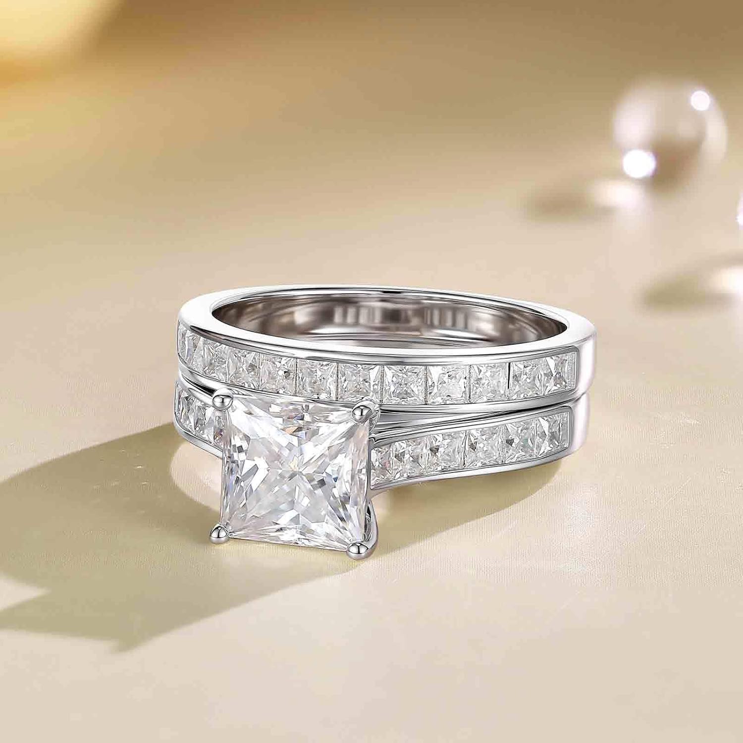 SHELOVES Moissanite Wedding Ring Set for Women VVS1 Princess Cut Engagement Rings Bridal Set 925 Sterling Silver Sz 5-10