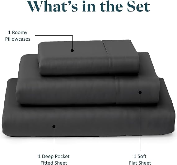 طقم صفائح مزدوجة من Sky Beddings - صفائح قطنية 100% للسرير مزدوج الحجم - طقم ملاءات سرير مزدوجة بعدد 600 خيط مع جيب عميق مقاس 15 بوصة - طقم ملاءات مزدوجة ناعمة ومبردة من الساتان - رمادي داكن