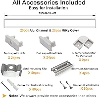 Vista 2 de hunhun 20-Pack 3.3ft/1Meter U Shape LED Aluminum Channel System with Milky Cover, End Caps and Mounting Clips, Aluminum Profile for LED Strip Light