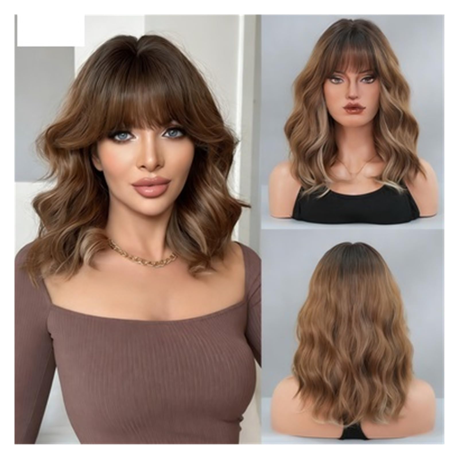 Perruque Perruque longue roulée à dégradé brun foncé for femme avec frange naturelle moelleuse