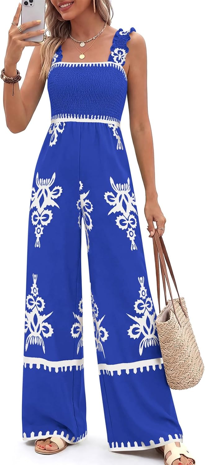 PRETTYGARDEN Womens Jumpsuit Casual One Piece Boho Summer Outfits Shirred Strap Wide Leg Long Pants Rompers With Pockets
