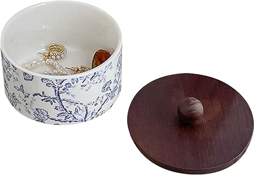 Ceramic Jewelry Box with Wood Lid Blue White Jewelry Case Ring Holder Trinket Vintage Floral Porcelain Round Jewelry Box Trinket for Rings Earrings Necklace Bracelet Keys Small