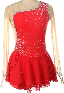 Figure Skating Dress Womens Long Sleeve Gymnastic Ballet Dance Costume Shiny Rhinestones Color Block Lyrical Dress Gymnastic Dance Dress Performance Costume