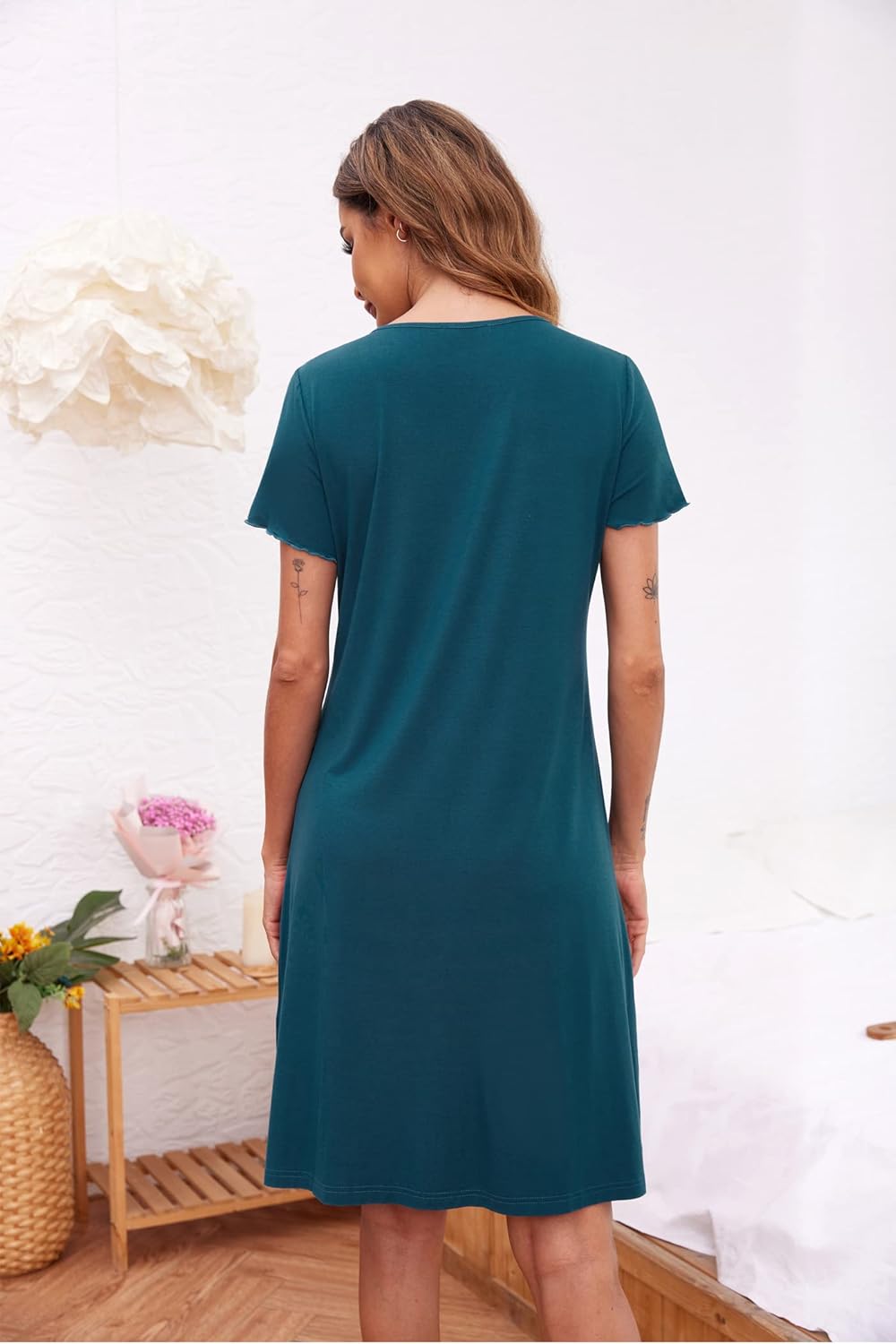 Ekouaer Women's Nightshirt Short Sleeve Button Down Nightgown V-Neck Sleepwear Pajama Dress - Image 5