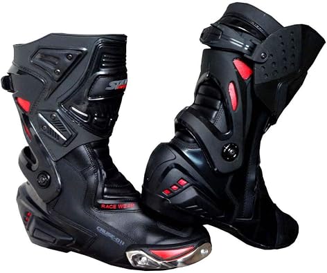 MENS BLACK & RED CE APPROVED HEAVY DUTY MOTORBIKE/MOTORCYCLE/MOTOCROSS LONG RACING BOOTS SPORTS LEATHER SHOES