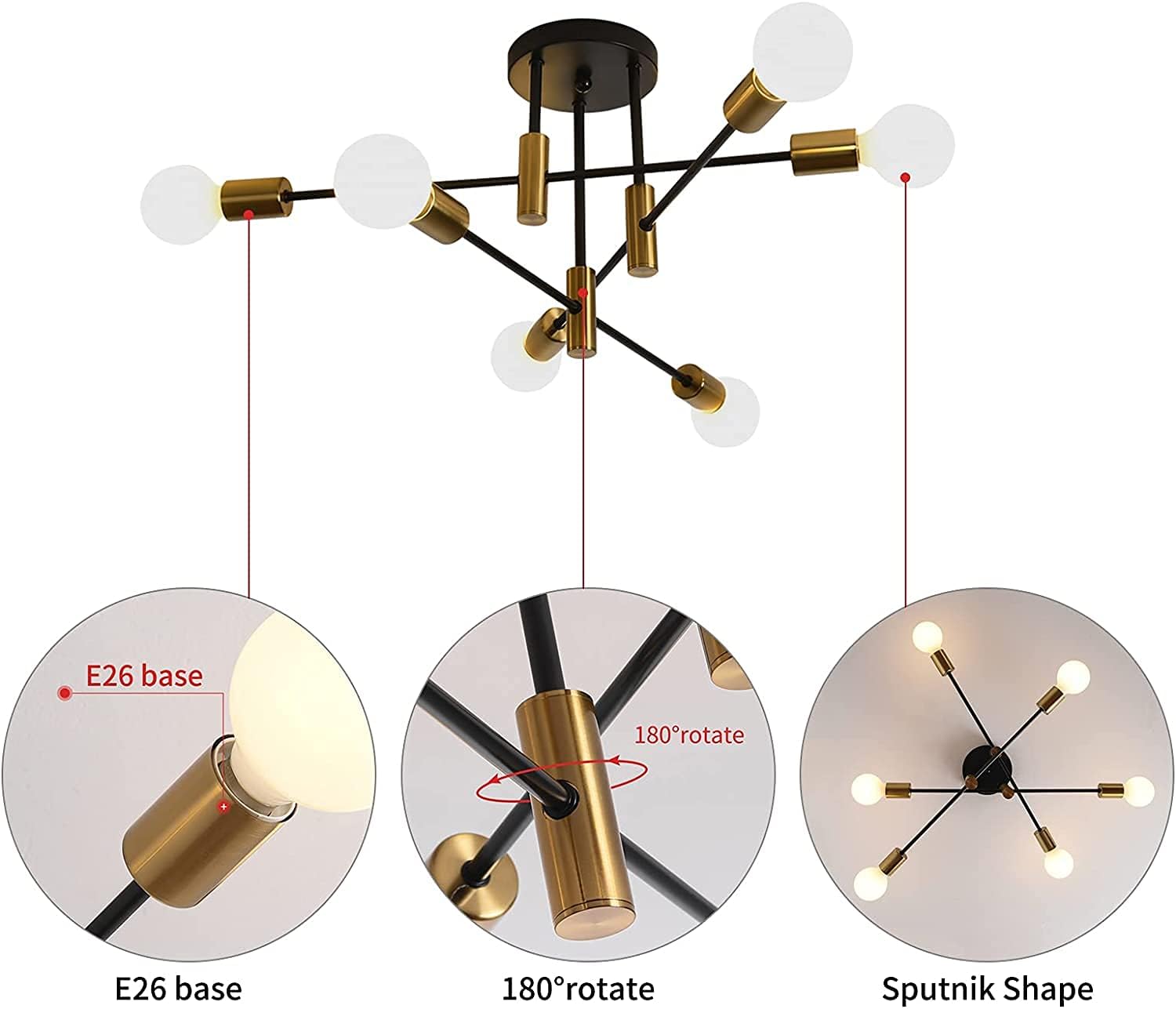 MIDI wieku Sputnik żyrandol, 6-Lights Semi spłukiwanie oświetlenia sufitowe, przemysłowe wyposażenie oświetlenia wiszącego do kuchni w jadalni Foyer