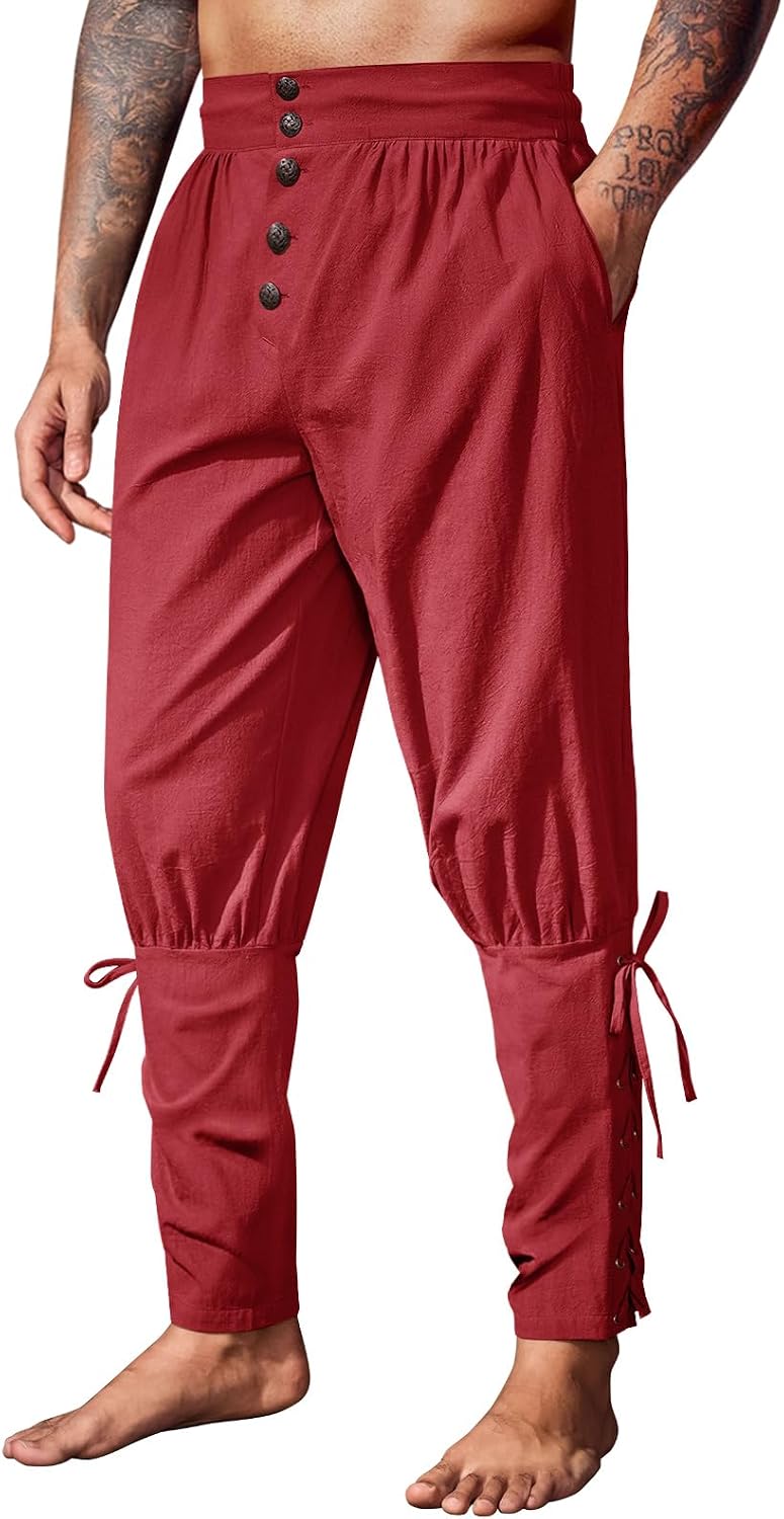 Runcati Mens Medieval Pirate Pants Renaissance Ankle Banded Viking Ren Faire Pants Lace Up Halloween Costume Trousers