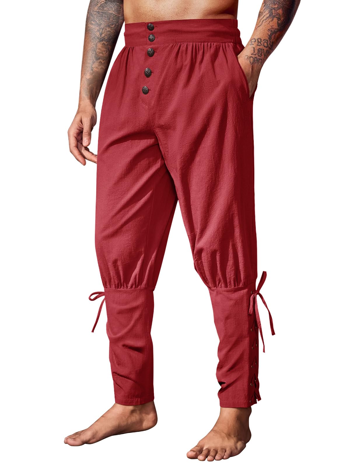 Runcati Mens Medieval Pirate Pants Renaissance Ankle Banded Viking Ren Faire Pants Lace Up Halloween Costume Trousers, Red, Medium