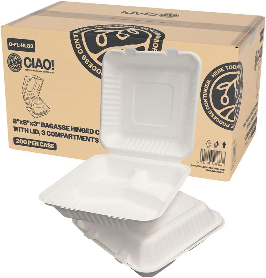 CIAO! 8"x8"x3" Clamshell 3 Compartment 100% Compostable Ecofriendly PFAS Free Unbleached Bagasse Natural White (200/case)
