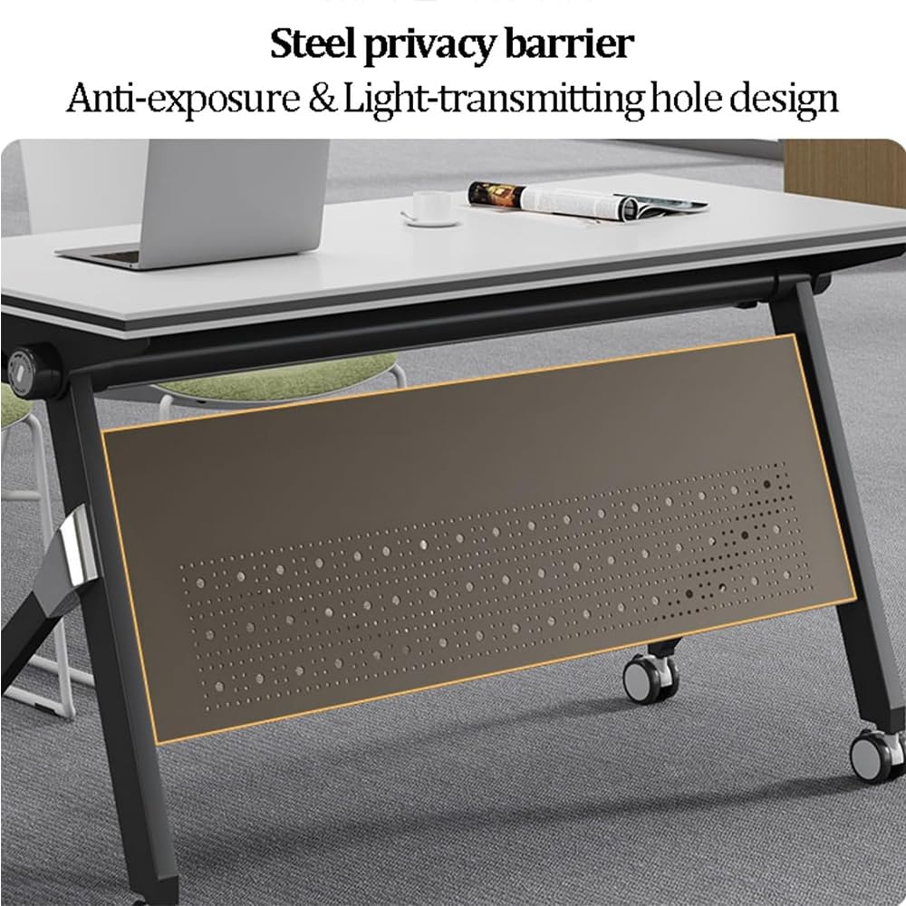 Tavolo da conferenza pieghevole con piano in legno e pannello privacy design modulare per uffici e aule con ruote bloccabili telaio in acciaio postazione di lavoro salvaspazio