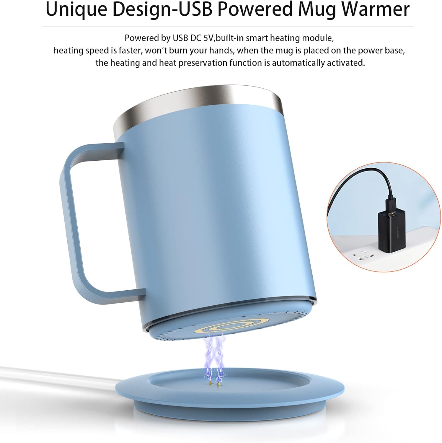 Self Heating Coffee Mug for Desk,Heated Cup with 10H Auto Shut-Off, USB Powered Mug Warmer Set (12oz-Sky Blue)