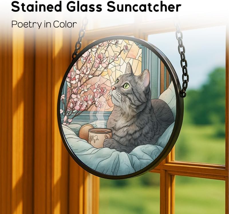 Stained Glass Window Hanging, Gray Tabby Cat with Coffee Sun Catchers Indoor Window, Core Decor Inside and Outside The Cottage,Gifts for Women -363 - Image 2