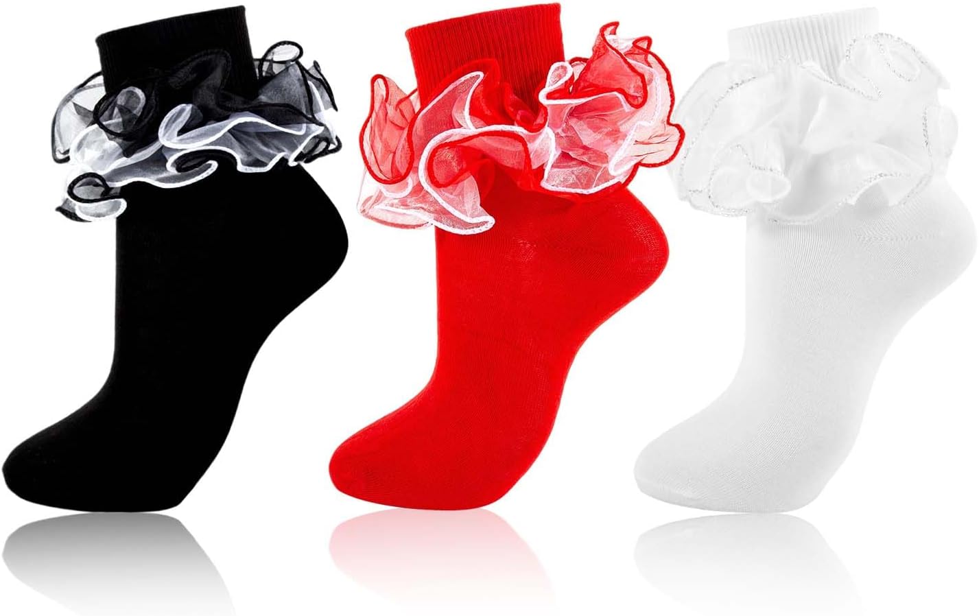 3 Pairs Girls Ruffle Socks, Lace Frilly Turn Cuff Ankle Socks | 4-layer lace frilly dress socks, cotton ankle socks,school uniform,daily,photo