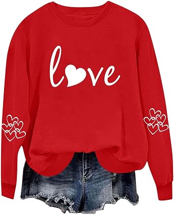 Valentines Day Sweatshirts for Women Love Heart Graphic Crewneck Pullover Tops Cute Holiday Long Sleeve Print Shirts