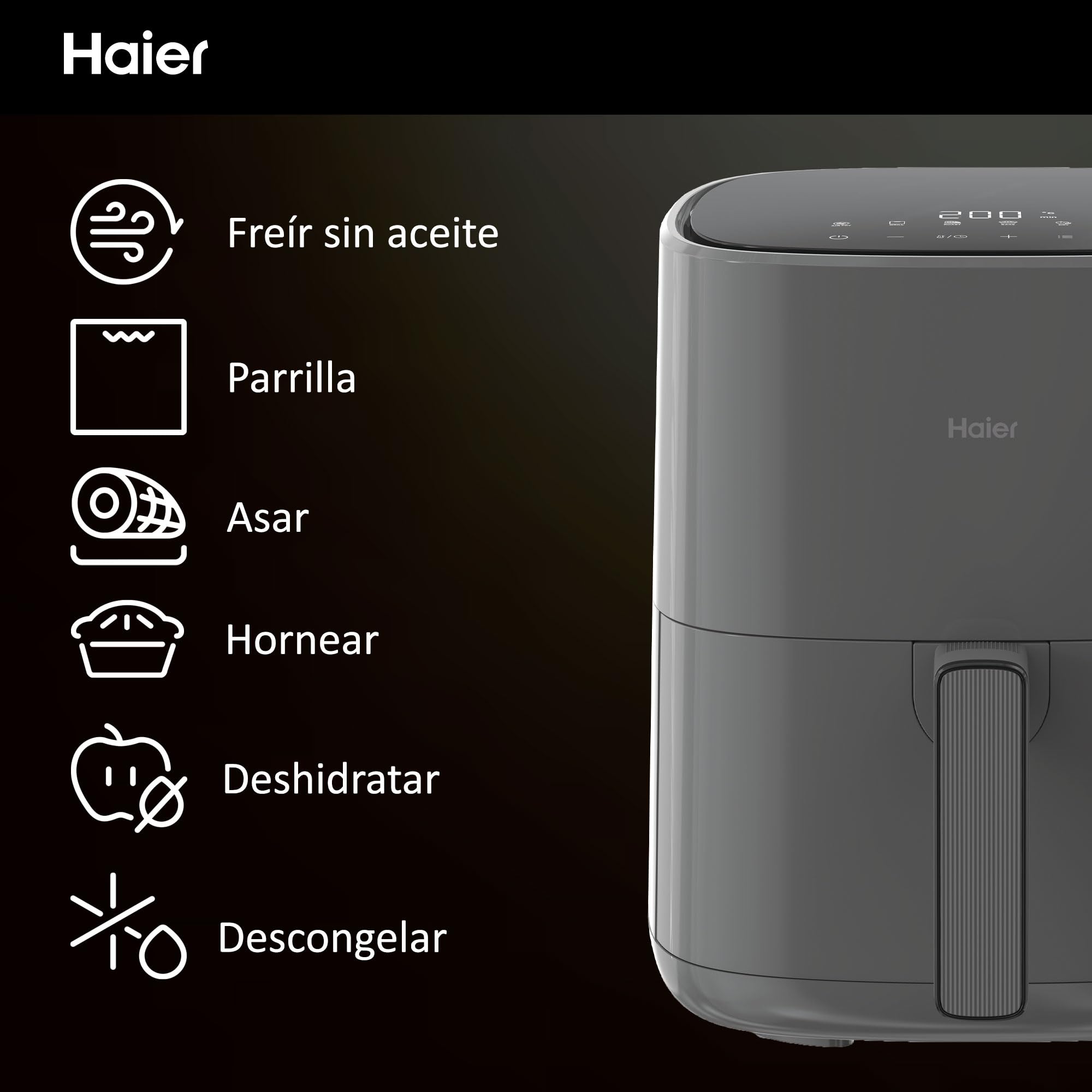 HAIER Freidora de Aire sin Aceite de 5L, Pantalla Táctil, 6 en 1, Air Fryer, Hornear, Asar, Parilla, Deshidratar, Descongelar, para 4 Personas