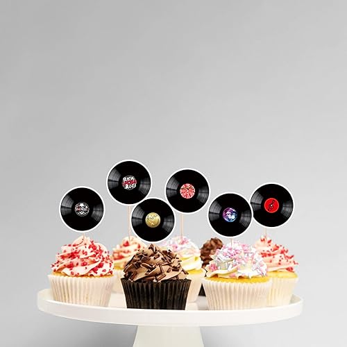 Miniatura 3 de 48 piezas de discos de vinilo con purpurina negra para decoración de postres, decoración de CD de los años 50, 60 y 80, suministros de decoración