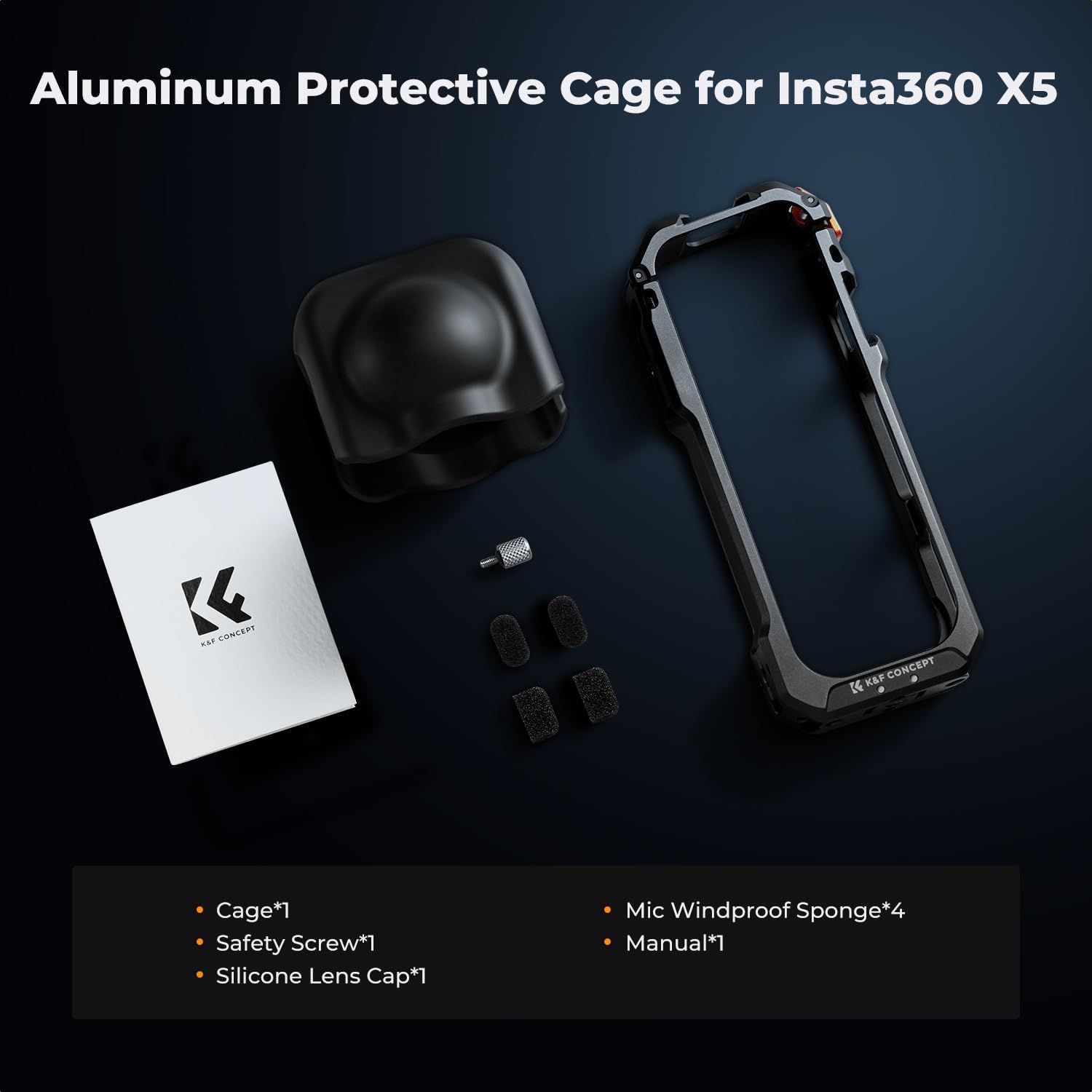 K&F Concept Standard Camera Cage Compatible with Insta360 X5, Aluminum Alloy Protective Frame Case with Silicone Lens Cover |1/4" Screw Hole | 2 Cold Shoe Mounts for Microphone and LED Video Light