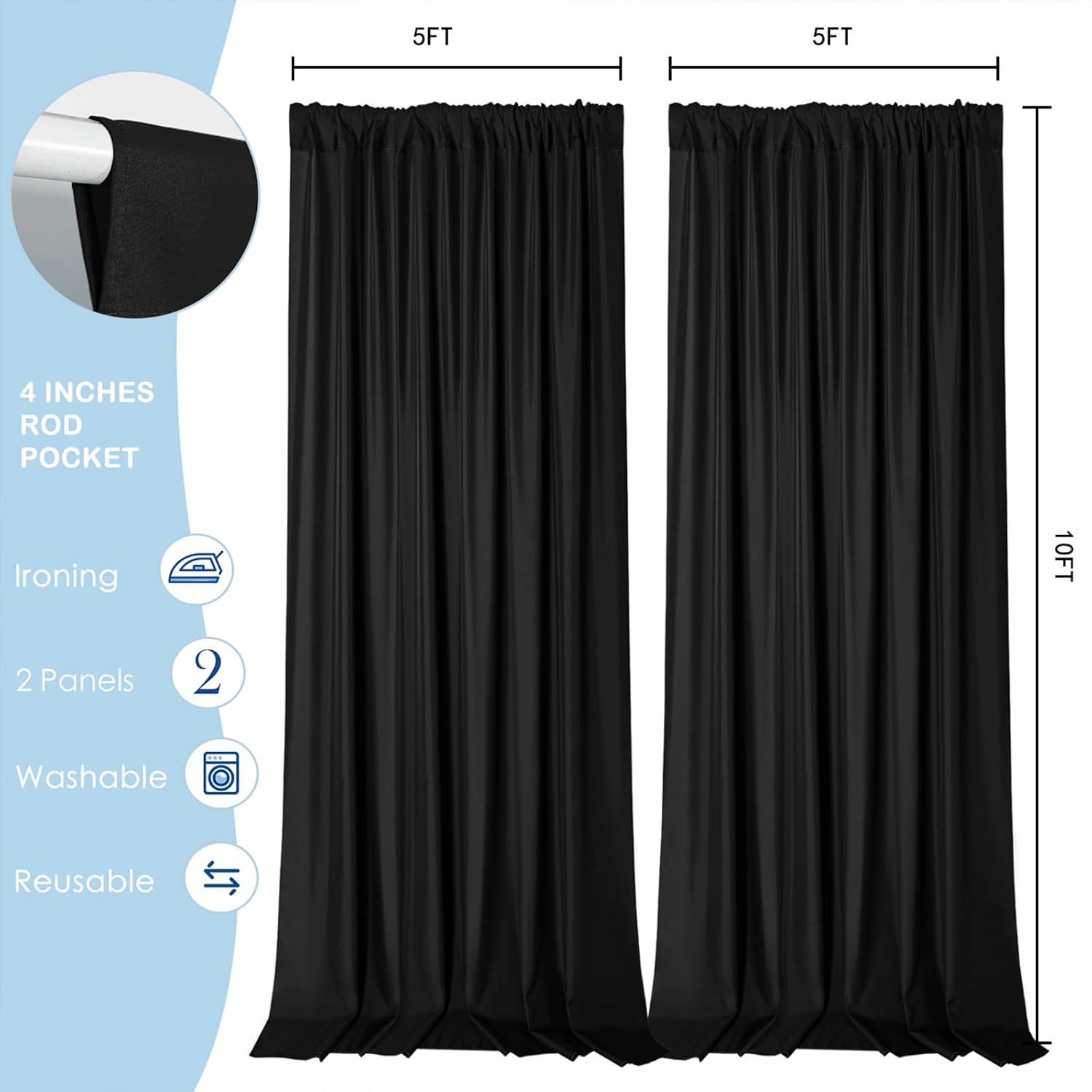 Sugargirl 10x10FT Black Backdrop Curtains Polyester Photo Backdrop Drapes Curtains 2 Panels with Rod Pockets for Party Birthday Wedding Photography Home Decoration