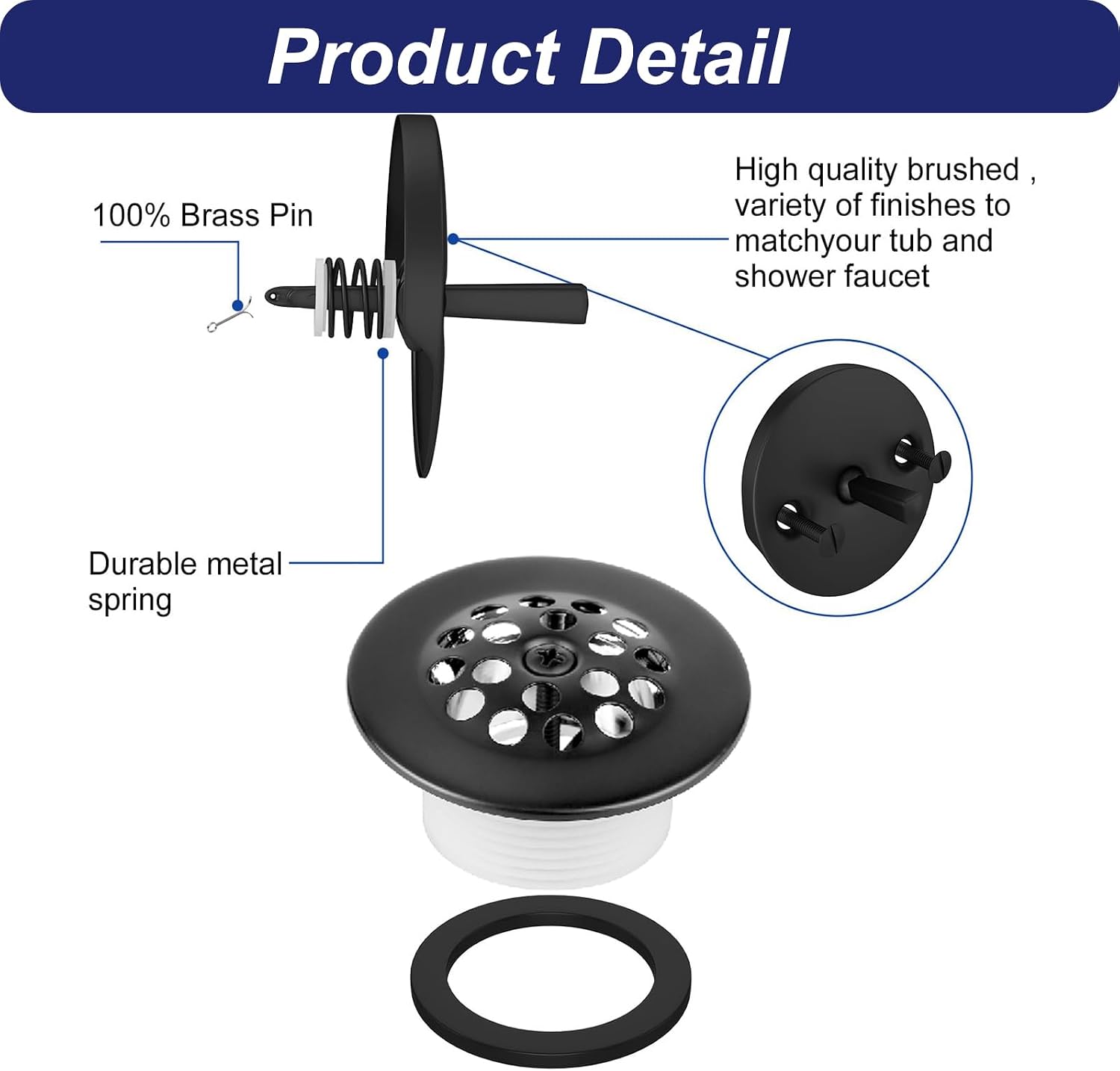 BErzo Matte Black Trip Lever Tub Trim Kit Set, Bathtub Drains Stopper Replacement Set with Trip Lever Overflow Face Plate, Drain with Strainer, Overflow and Screws