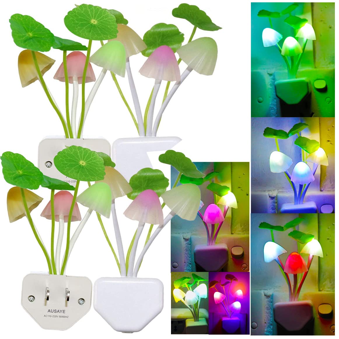 AUSAYE Sensor Night Light Plug Into Wall,Auto Night Lights Led 7 Colors Cute LED Lamp Mushroom Light for Kids,Mom,Bedroom,BathroomToilet,Hallway,