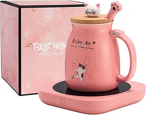 Bsigo Smart Coffee Mug Warmer & Cat Mug Set, Tea Beverage Warmer for Desk Home Office, 5.9'' Electric Candle Warmer with 3-Temperature Settings (Up to 180F/80C), 4 Hour Auto Shut Off, 16oz Lid Spoon